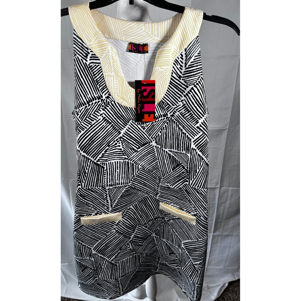 ISLE by‎ Melis Kazan Dress Abstract Print Sleeveless Pockets White Black L